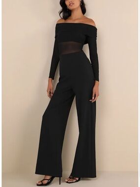 NWT LULUS Sultry Statement Black Mesh Ruched Off-the-Shoulder Jumpsuit
